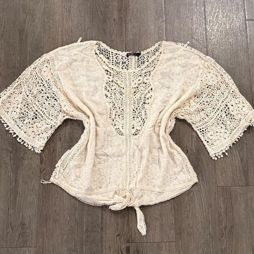 Vintage 2000s boho Y2K cream knit crochet blouse floral designs, size L
